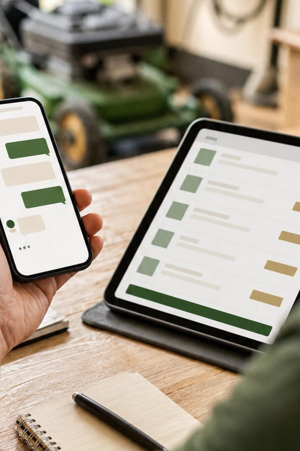 Lawn care owner using a phone and tablet for customer quote follow-up