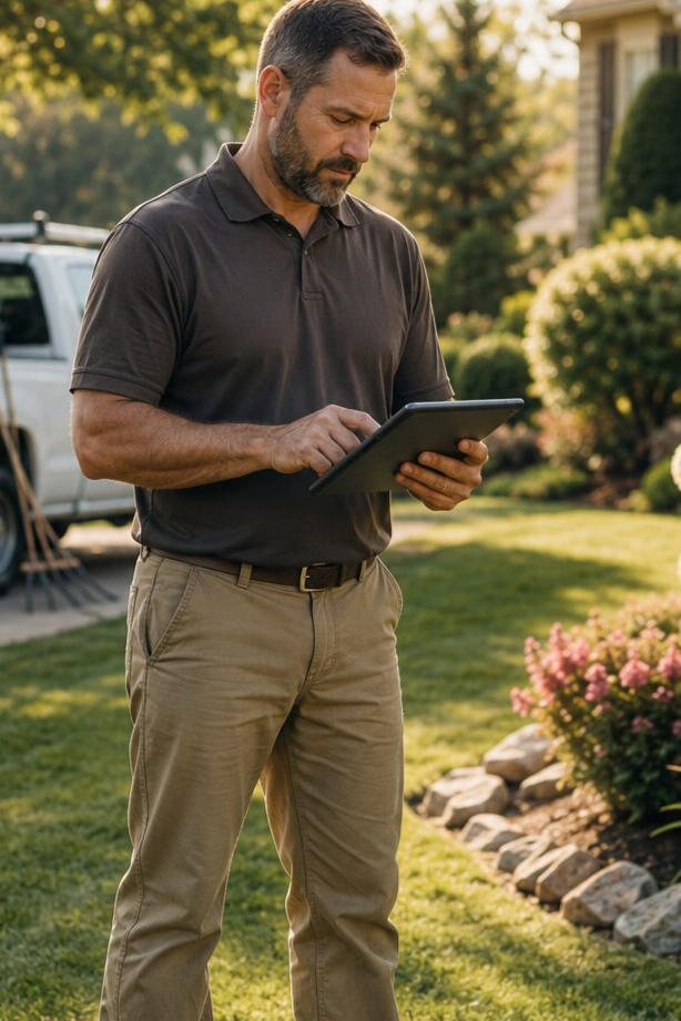 Lawn care business owner reviewing a customer estimate on a tablet