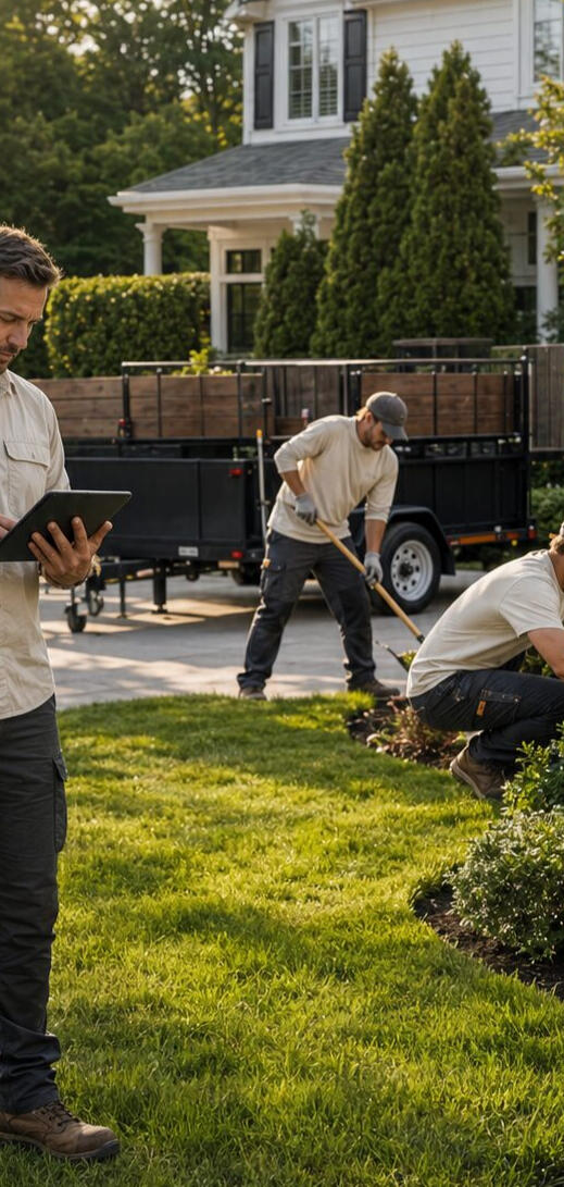 Owner-led lawn care team completing a residential landscaping job